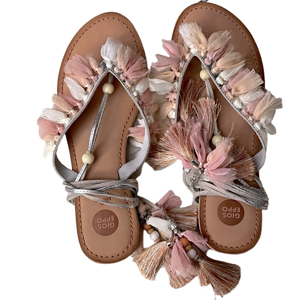 GIOSEPPO Boho Strappy Fringe Tassel Sandal Flats Leather Rubber Sole Women’s 39